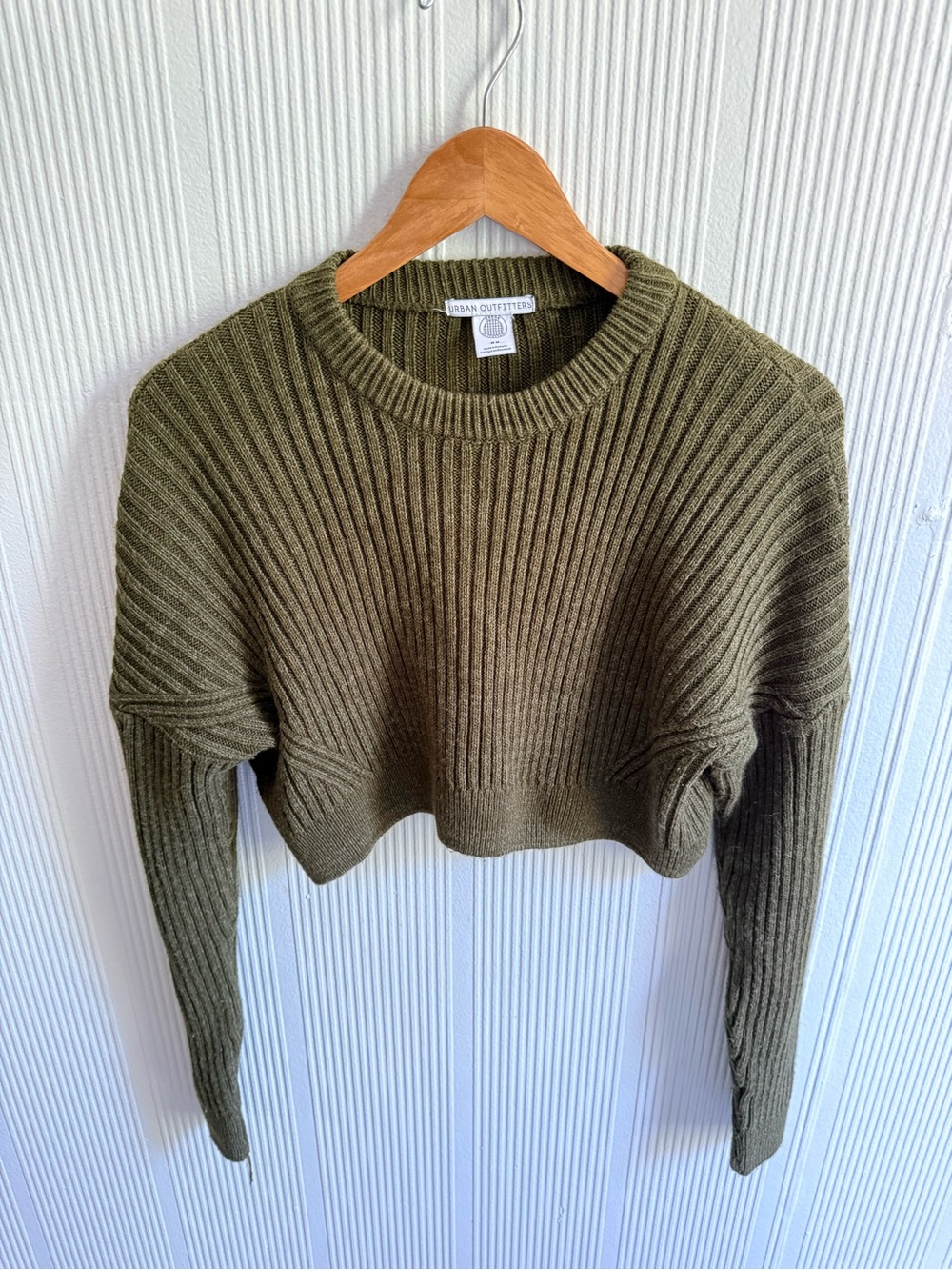Urban Outfitters Olive Ribbed Cropped Crewneck Sweater